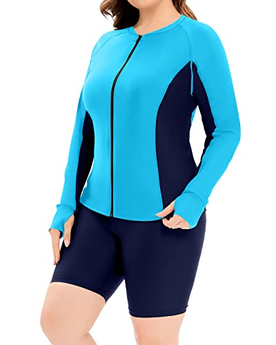 Plus Size Long Sleeve Rash Guard Zipper Front For Women-Aqua