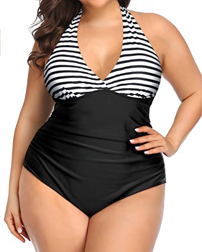 Sexy Halter One Piece Push Up Swimsuits For Women-Black And White Stripe