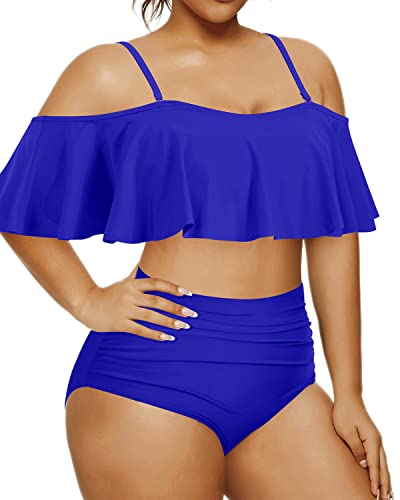 Trendy Two Piece Swimsuit Flounce Ruffle Top For Plus Size Women-Royal Blue