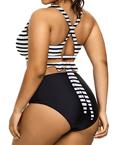 Two Piece Slimming Ruched Bikini Plus Size Tie Knot Swimsuit-Black And White Stripe