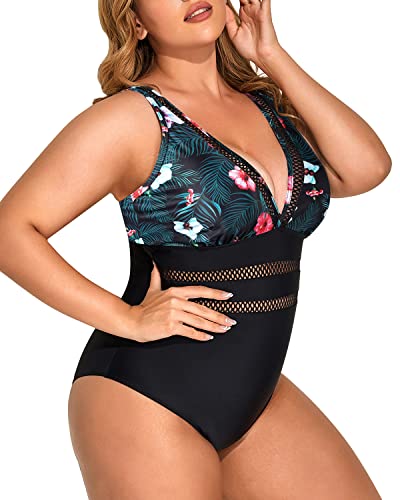 Sexy V Neck Tummy Control Plus Size Swimsuits-Black Floral