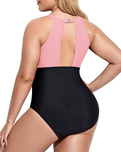 Plus Size Mesh Plunge Swimsuit Tummy Control-Pink And Black