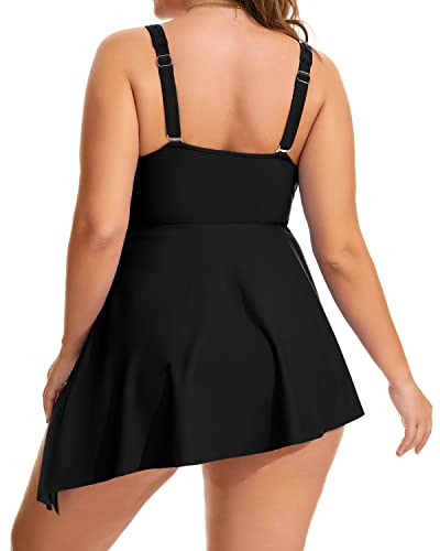 Elegant Plus Size Twist Front Swim Dress For Women-Black