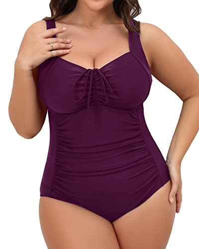 Women Retro Ruched Plus Size One Piece Swimsuit-Maroon