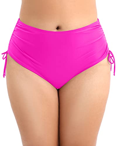 Adjustable Side Tie Plus Size High Waist Bikini Bottom Tankini Brief-Neon Pink