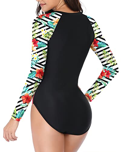 Women's One Piece Long Sleeve Swimwear Rash Guard-Black And Striped Leaves