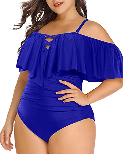 Adjustable Strap Plus Size Ruffled Swimsuit-Royal Blue