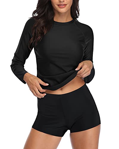 Women's Uv Protected Two Piece Swimsuit Long Sleeve Rash Guard-Black