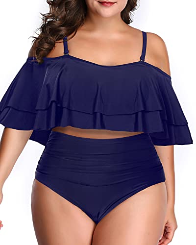 High Waisted Ruched Bottom Bikini For Plus Size 2 Piece Swimsuits-Navy Blue