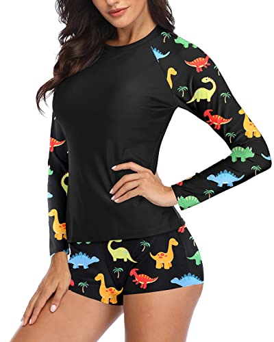 Women's Boyshort Swimsuit Set Rash Guard Top-Colorful Dinosaur