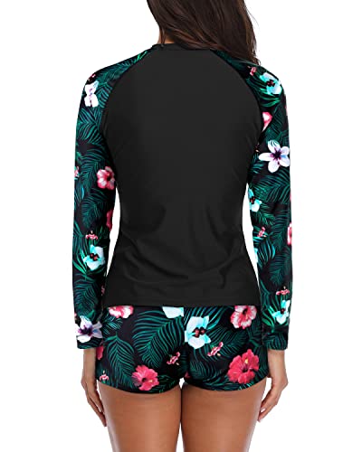 Uv Upf 50+ Two Piece Rash Guard Long Sleeve Swimsuit For Women-Black Floral