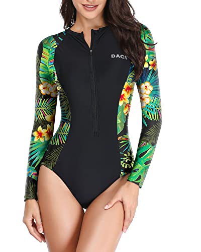 Zipper Front One Piece Rash Guard Swimsuit For Women-Tropical Leaf