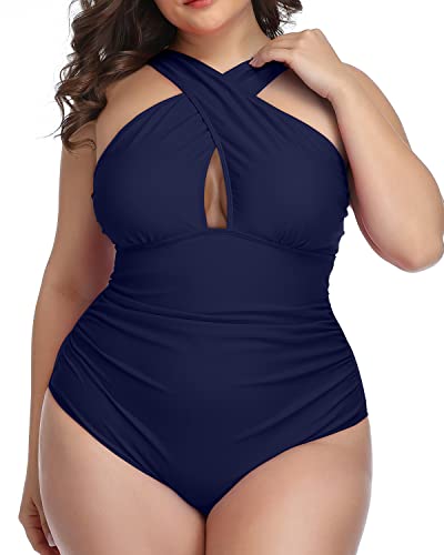 Stylish Front Cross Tummy Control One Piece Swimsuits-Navy Blue