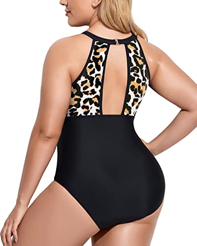 Trendy Mesh Plunge One Piece Swimsuit For Plus Size Women-Black And Leopard