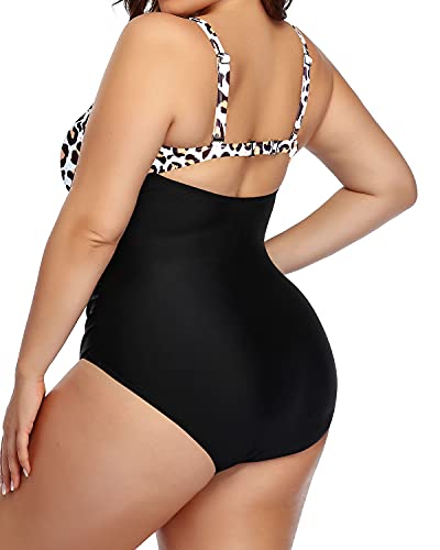 Classic V Neck Monokini High Waist Bottom-Black And Leopard