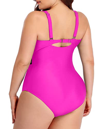 Elegant Vintage High Neck Plus Size One Piece Bathing Suits-Neon Pink