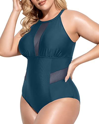 Elegant Mesh Cut Out Monokini Plus Size Swimsuit For Curvy Women-Teal