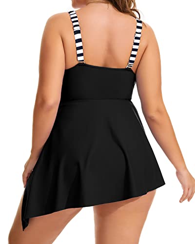 Stylish Asymmetrical Hemline Plus Size Swim Dress For Women-Black And White Stripe