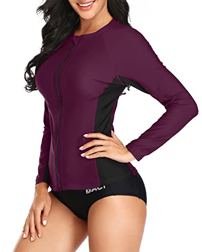 Two Piece Rash Guard Set Full Zipper And Shorts For Women-Purple