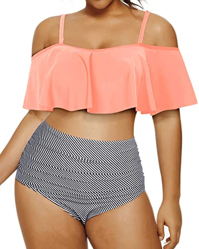 Feminine Plus Size Bikini Set Removable Straps And Ruched Bottoms-Coral Pink Stripe