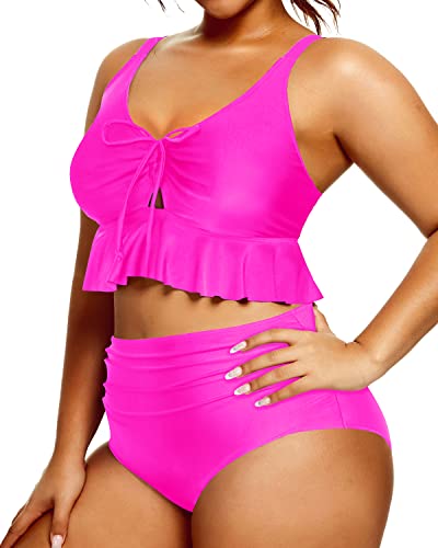 Ruffle Flounce High Waisted Bikini Set For Curvy Women-Neon Pink