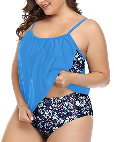 Mom Belly Hiding Tankini Swimsuits Shorts Plus Size-Blue Flower On Black