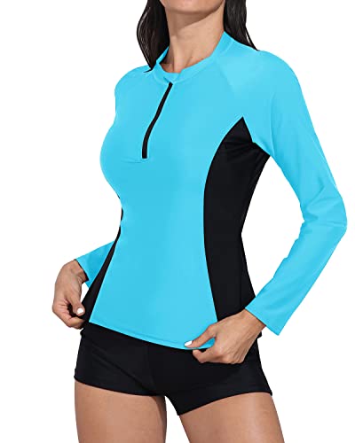 Women's Long Sleeve Rash Guard Zipper And Boy Shorts Swimsuit-Aqua