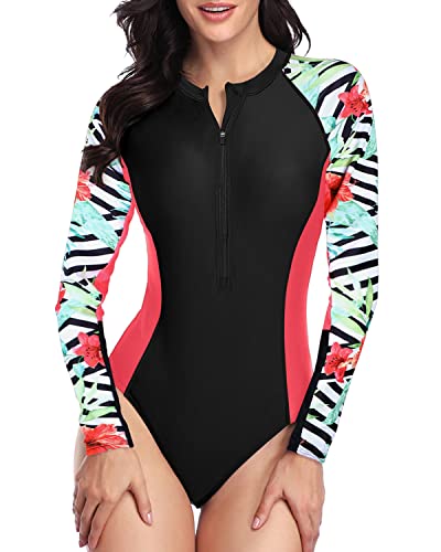 Full Coverage One Piece Long Sleeve Rash Guard Swimsuit-Black And Striped Leaves