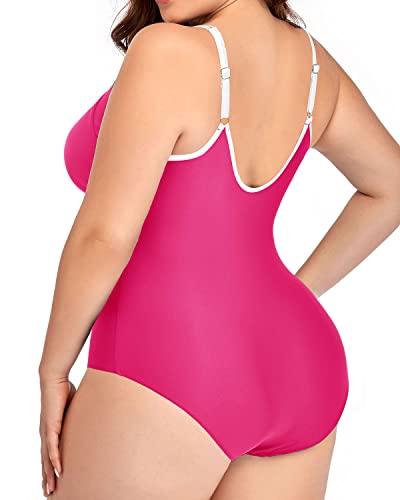 Plus Size Ruched Tummy Control Zipper Swimsuits-Neon Pink