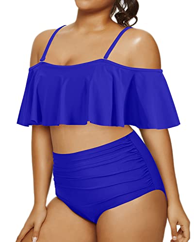 Trendy Two Piece Swimsuit Flounce Ruffle Top For Plus Size Women-Royal Blue