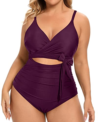 Cross Front High Waisted Tummy Control Monokini Bathing Suits-Maroon