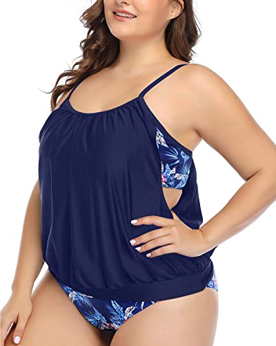 Sporty Athletic Tankini Swimsuits Shorts Plus Size-Navy Blue Floral