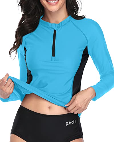 Uv Protection Zip Front Crew Neck Swim Shirt Long Sleeve Rashguard-Aqua