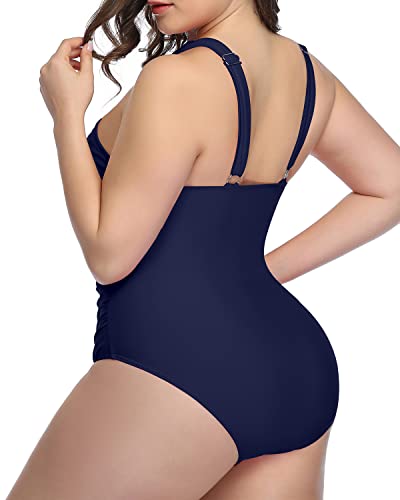 Stylish Front Cross Tummy Control One Piece Swimsuits-Navy Blue