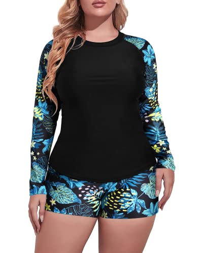 Two Piece Long Sleeve Rash Guard Swimwear For Plus Size Women-Blue Leaf