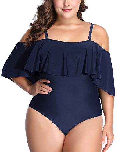 Flattering Off Shoulder Tummy Control One Piece Bathing Suit-Navy Blue