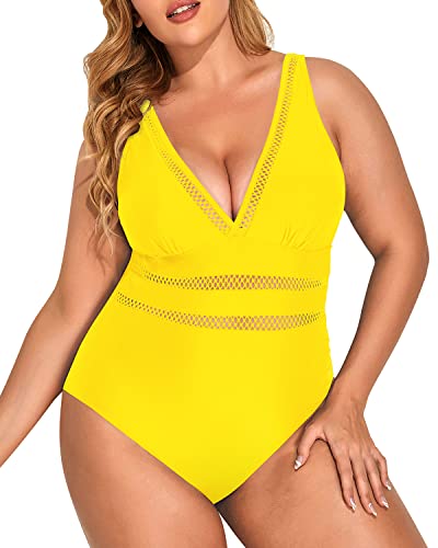 Hollow Out Plus Size Swimsuits Tummy Control-Neon Yellow