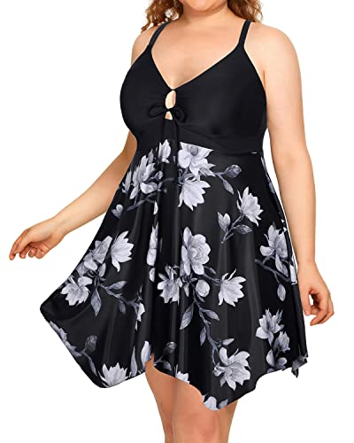 Irregular Hem Plus Size Swimdress Boylegs For Women-Black