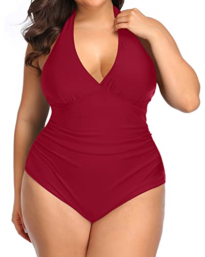 Non-Wired Padded Halter One Piece Swimwear For Women-Red