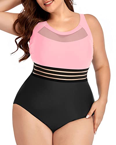 Sexy Mesh High Neck Plus Size One Piece Swimwear For Women-Pink And Black