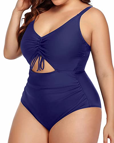 Fashionable Cutout V Neck Monokini Swimsuit For Curvy Women-Navy Blue