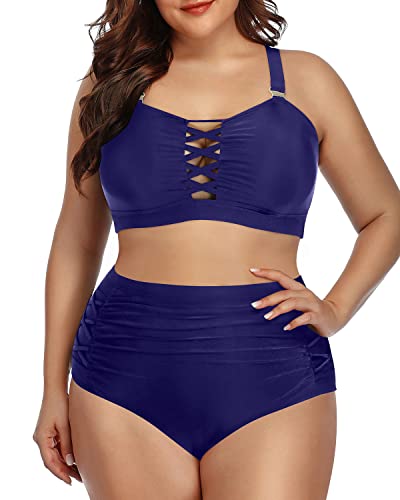 Adjustable Ruched Tummy Control Bikini For Plus Size Women-Navy Blue