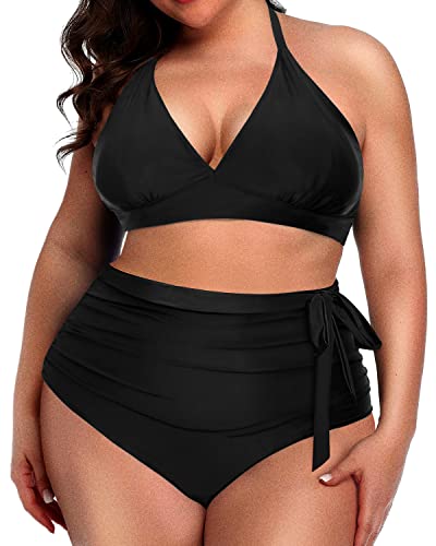 2 Piece Sexy V-Neck Plus Size Bikini Set Tummy Control Bottoms-Black