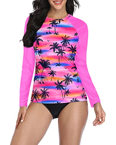 Crew Neck Long Sleeve Rashguard Top For Women-Palm Tree