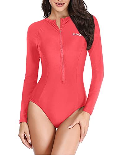 Zippered One Piece Rash Guard Swimsuit For Women-Red