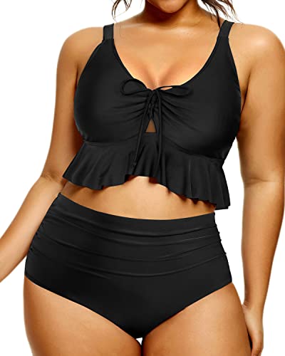 Plus Size Tummy Control High Waisted Ruched Bikini-Black