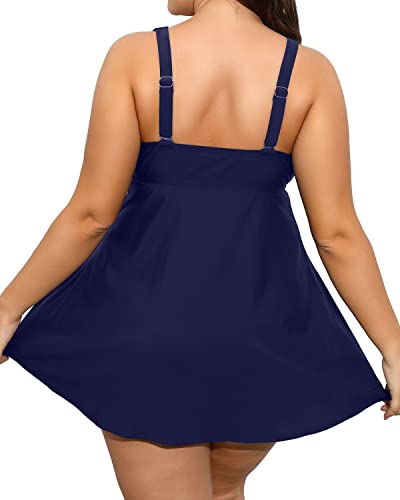 Shaping Plus Size Swim Dress Tummy Control Bottoms-Navy Blue