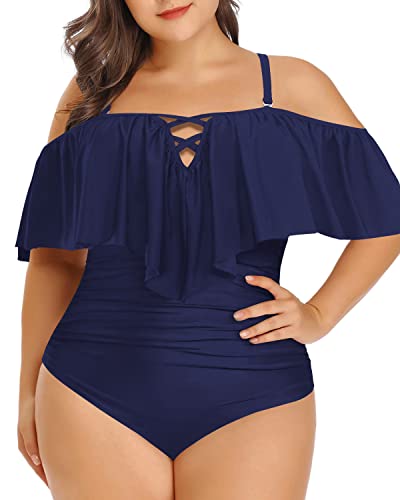 Chic Cross Lace Up Plus Size Ruffled Swimsuit-Navy Blue