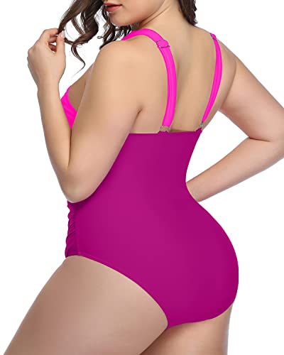 Vintage Front Cross Keyhole Swimsuits For Women-Phosphor And Dark Pink