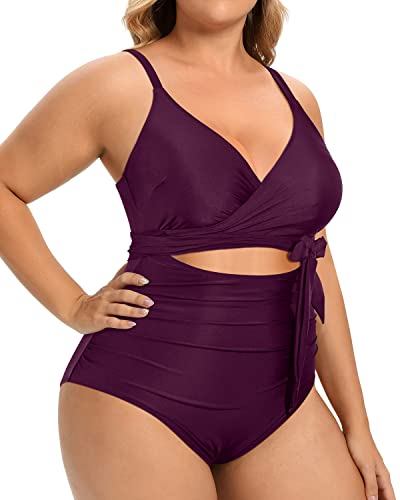 Cross Front High Waisted Tummy Control Monokini Bathing Suits-Maroon